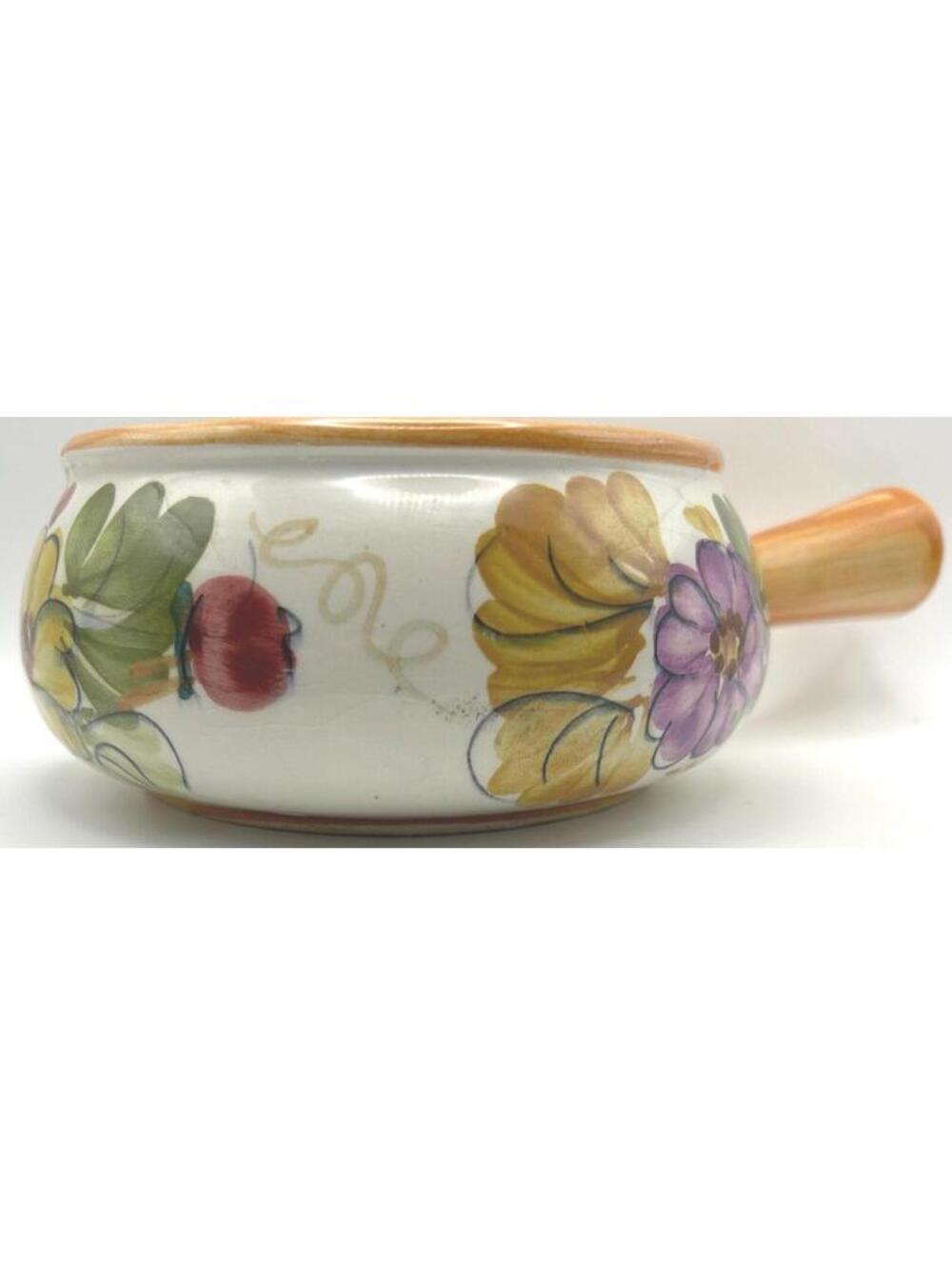 Hand Painted Ceramic Bowl w/ Handle Featuring Colorful Flowers. Made in Portugal